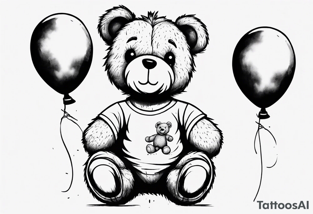 Scruffy teddy bear holding on to balloons and wearing a T-shirt tattoo idea