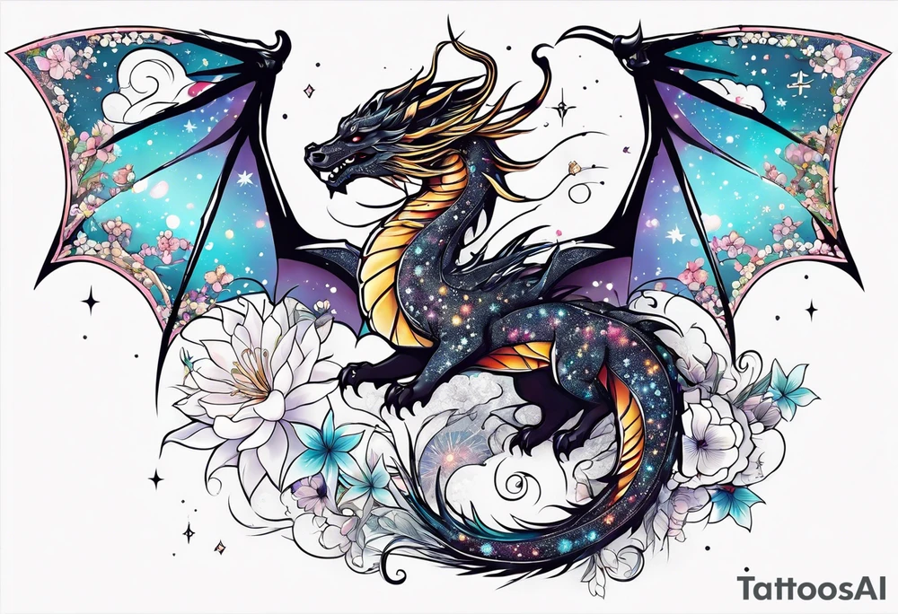 Constellation, wing , snow , cross , dragon female japan kawaii , flower tattoo idea
