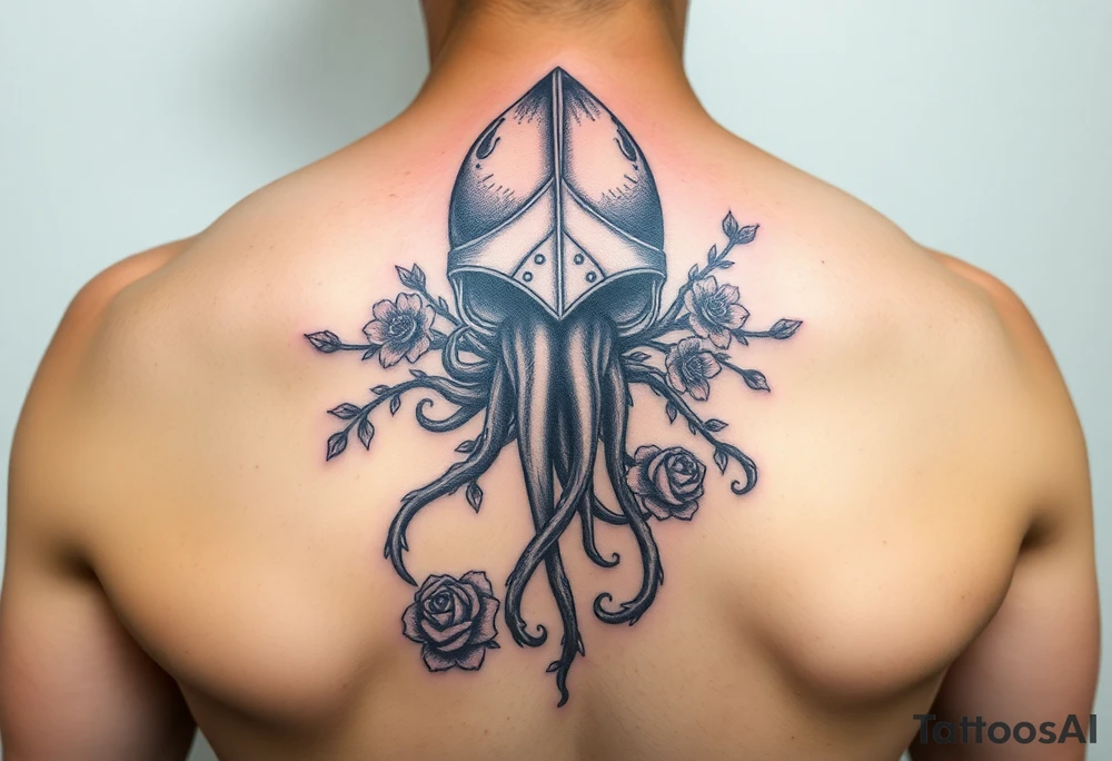 squid knight helmet combined with tree roots, cherry blossoms and roses rolling dice tattoo idea