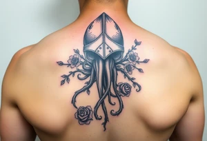 squid knight helmet combined with tree roots, cherry blossoms and roses rolling dice tattoo idea