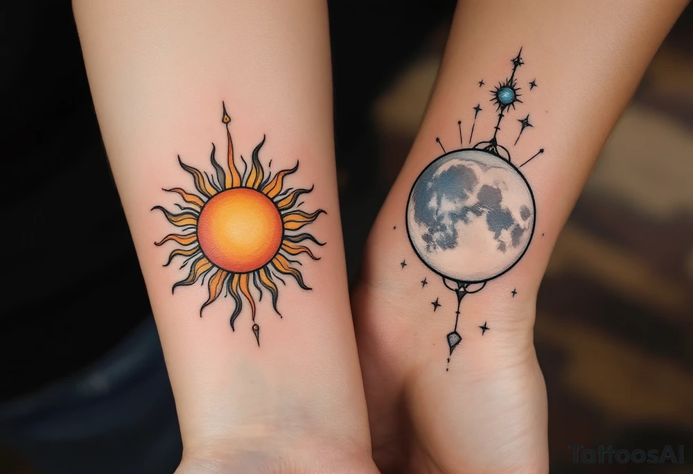Two matching couple tattoos sun and moon tattoos, the first sun in warm gold and orange on the forearm, the second moon in silver and pale blue on the wrist. tattoo idea