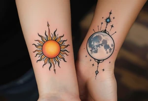 Two matching couple tattoos sun and moon tattoos, the first sun in warm gold and orange on the forearm, the second moon in silver and pale blue on the wrist. tattoo idea