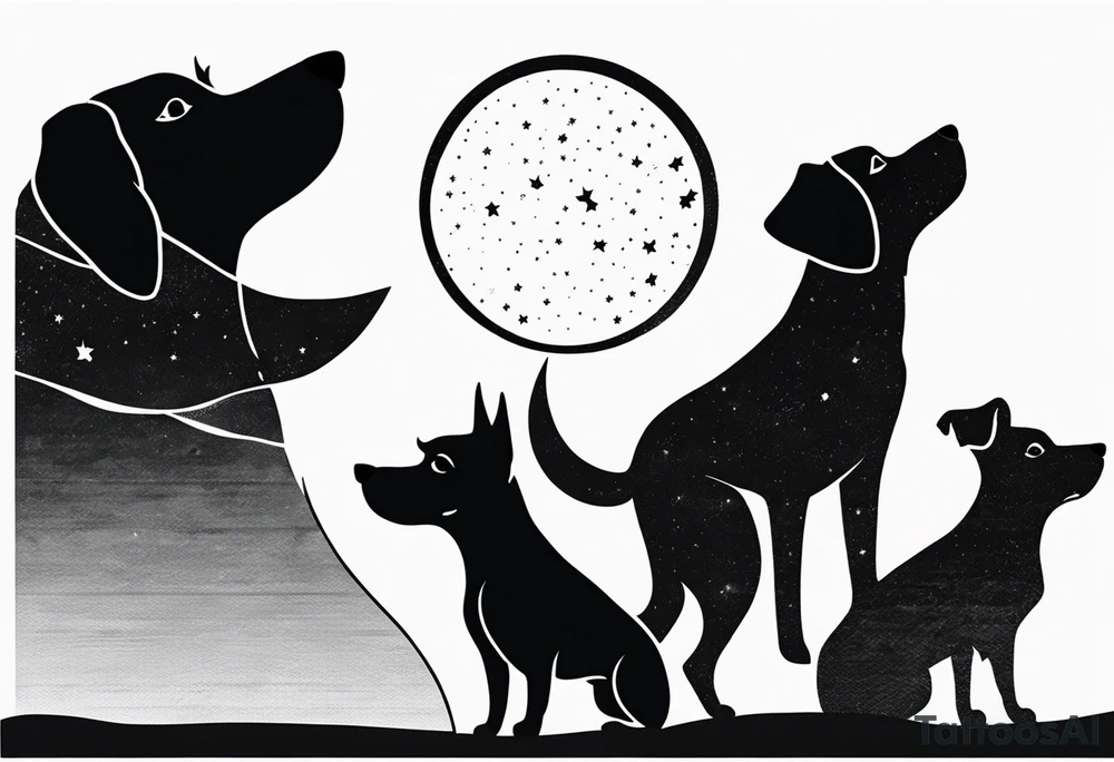 3 black silhouettes of dogs looking up at the night sky tattoo idea
