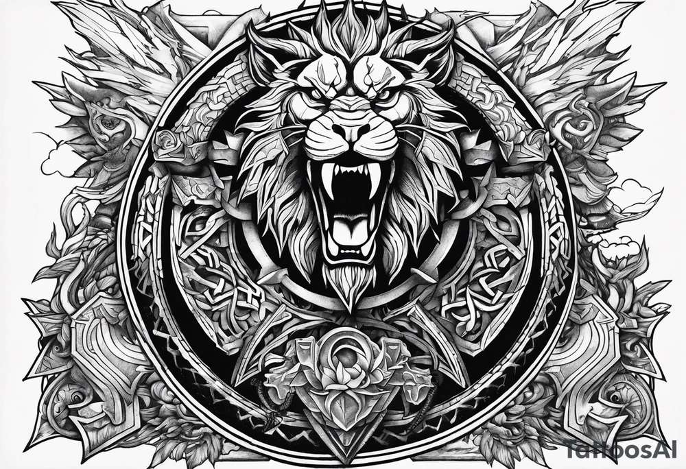 Valhalla sword shield  axe  dragon lion
Valknut  ruins lightnings tattoo idea