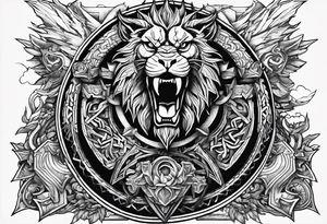 Valhalla sword shield  axe  dragon lion
Valknut  ruins lightnings tattoo idea