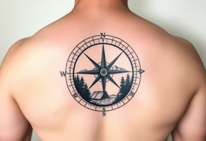 Open compass, bottom half with mountains, trees, stream, and tent. The S of the compass should be a fishing lure tattoo idea