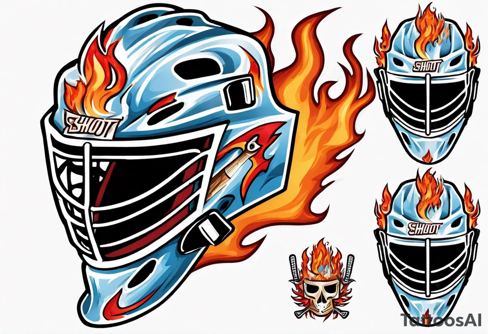 a goalie mask with crossed hockey sticks and flames that says "SHOT HOCKEY" tattoo idea