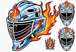 a goalie mask with crossed hockey sticks and flames that says "SHOT HOCKEY" tattoo idea