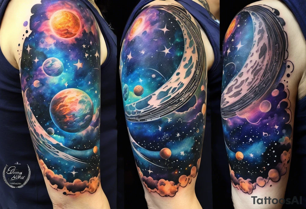 Sleeve tattoo of a galaxy orbiting. tattoo idea