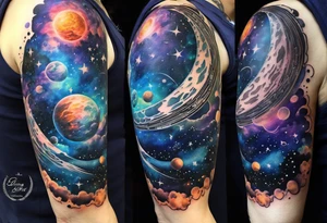 Sleeve tattoo of a galaxy orbiting. tattoo idea