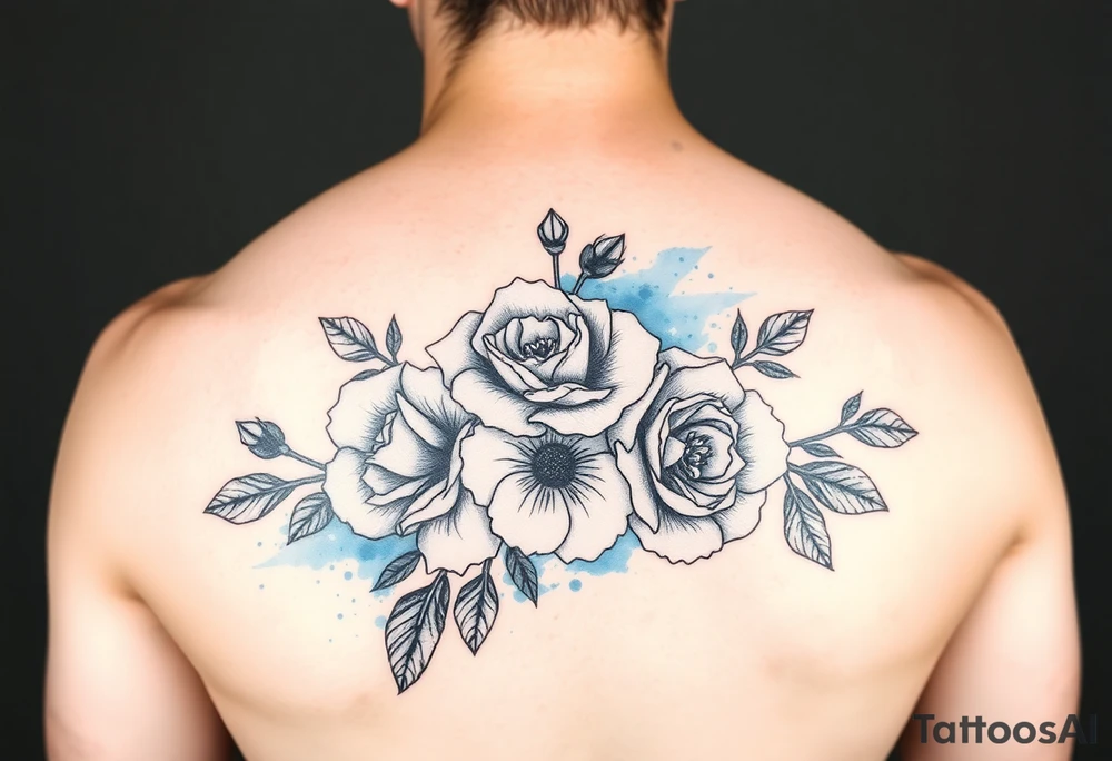 Black and white roses and carnations with blue watercolour behind feminine tattoo idea