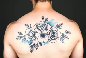 Black and white roses and carnations with blue watercolour behind feminine tattoo idea