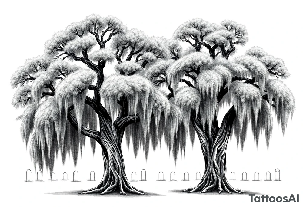 2 Oak trees with a lot of Spanish moss in a cemetery tattoo idea