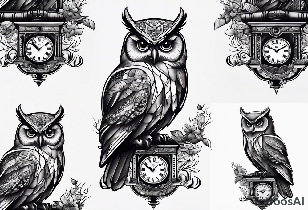 Owl perched on vintage clock tattoo idea