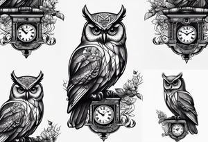 Owl perched on vintage clock tattoo idea