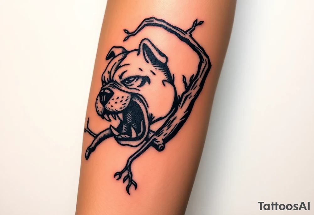 bulldog biting branch hanging from tree medieval woodcut tattoo idea