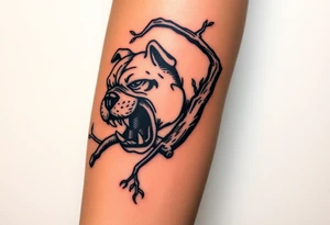 bulldog biting branch hanging from tree medieval woodcut tattoo idea