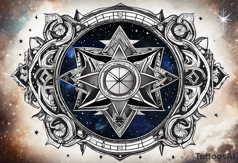 Matter, energy, space and time with an old stone theta symbol with stars in the background and Scorpio constellation tattoo idea