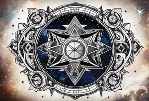 Matter, energy, space and time with an old stone theta symbol with stars in the background and Scorpio constellation tattoo idea