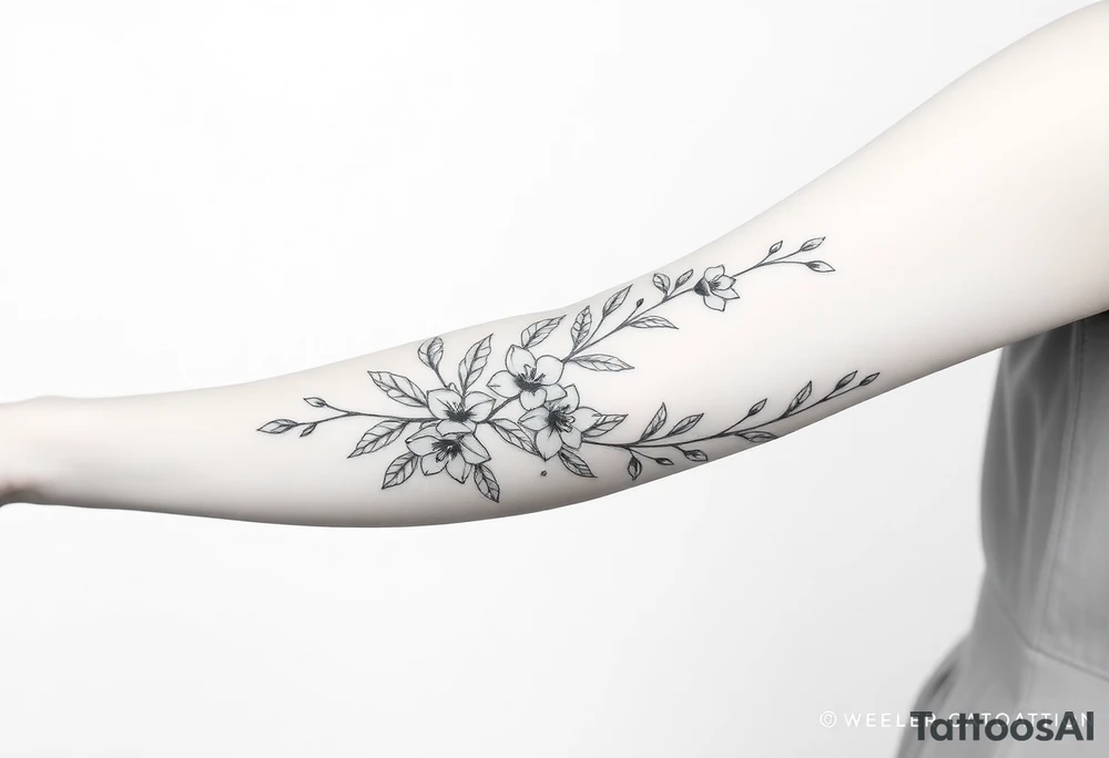 starting from a band mid forearm, sleeve of a combination of holly and daffodils tattoo idea