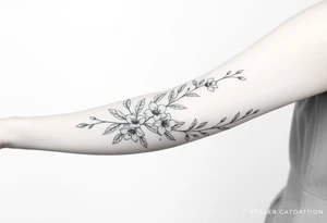 starting from a band mid forearm,  sleeve of a combination of holly and daffodils tattoo idea