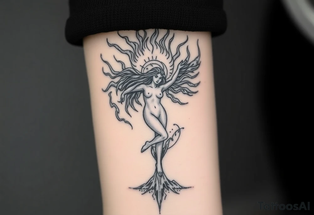 Fire hell storm with cold cuts through a soul dropping era and a dancing woman naked in the rain a blast of bc with future combing into a mystery mountain off God tattoo idea