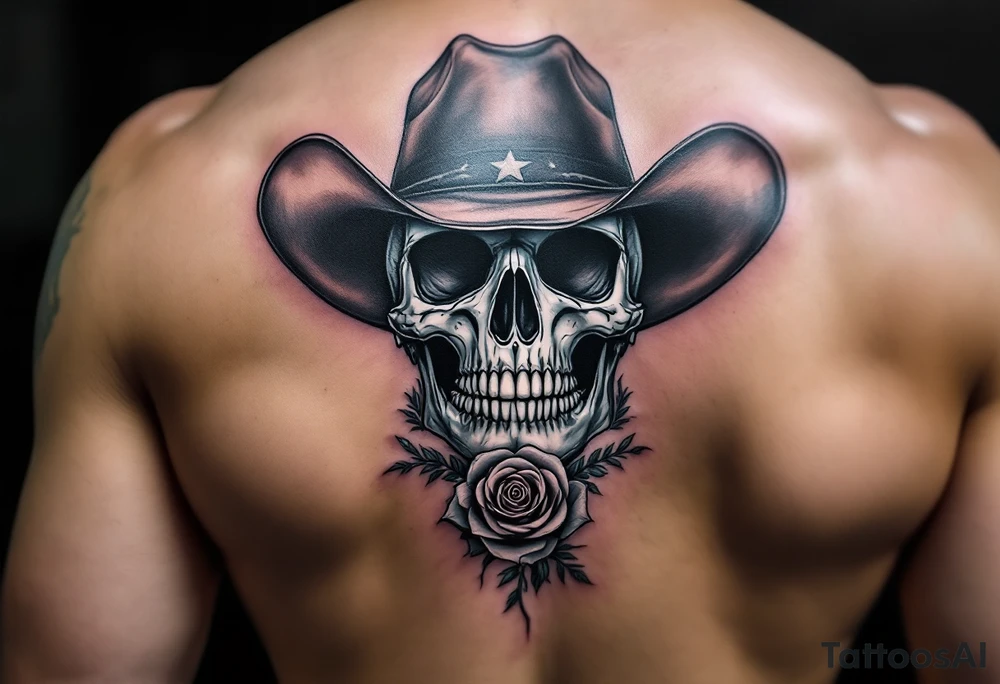 skeleton cowboy with rose in teeth tattoo idea