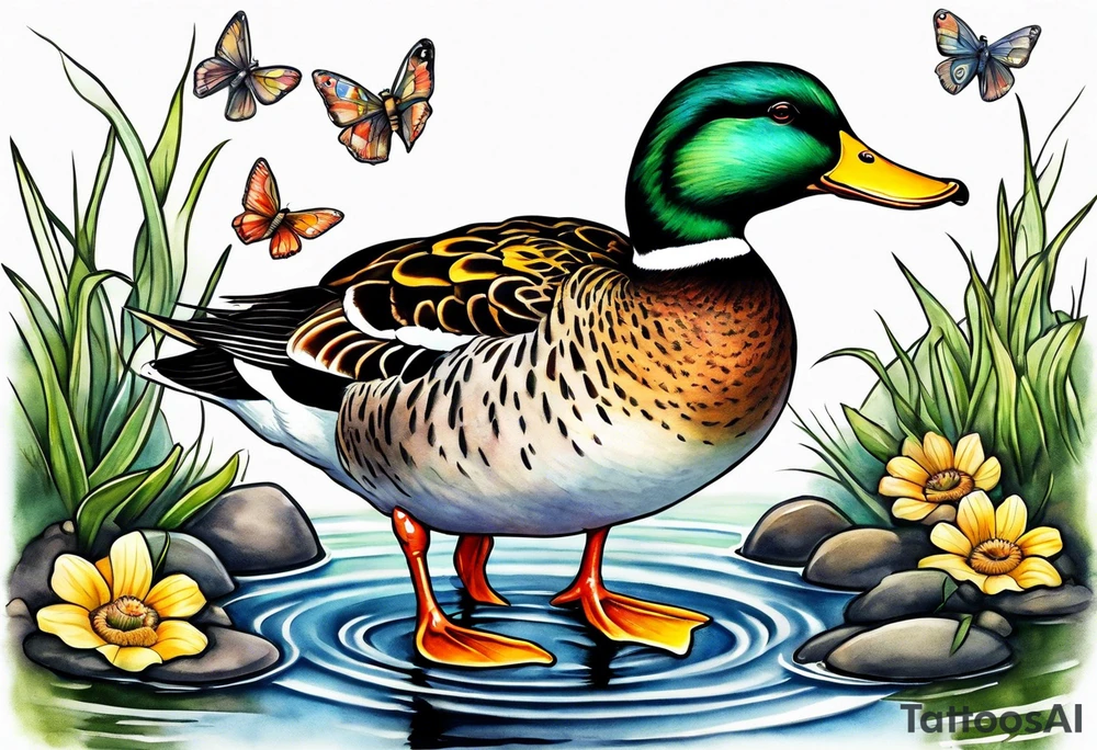 A Duck a toad and a moth at a pond tattoo idea