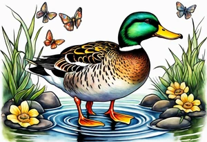 A Duck a toad and a moth at a pond tattoo idea