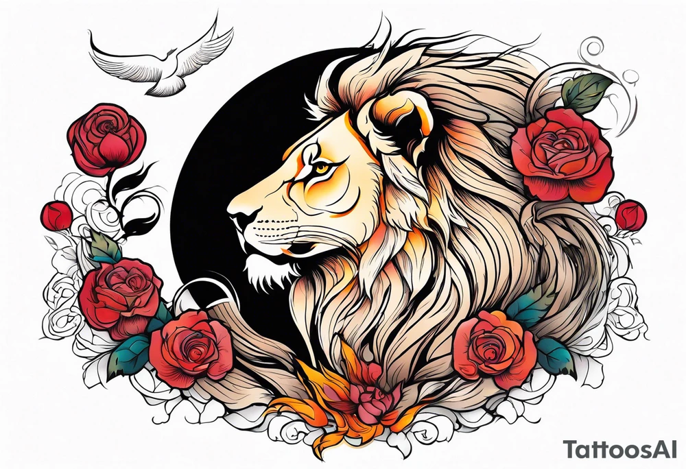 Lion, phoenix rising, rose, moon tattoo idea