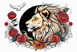 Lion, phoenix rising, rose, moon tattoo idea
