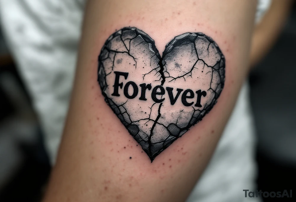 "Forever" carved into a weathered gray stone heart, cracked but unbroken. tattoo idea