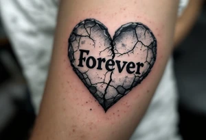 "Forever" carved into a weathered gray stone heart, cracked but unbroken. tattoo idea