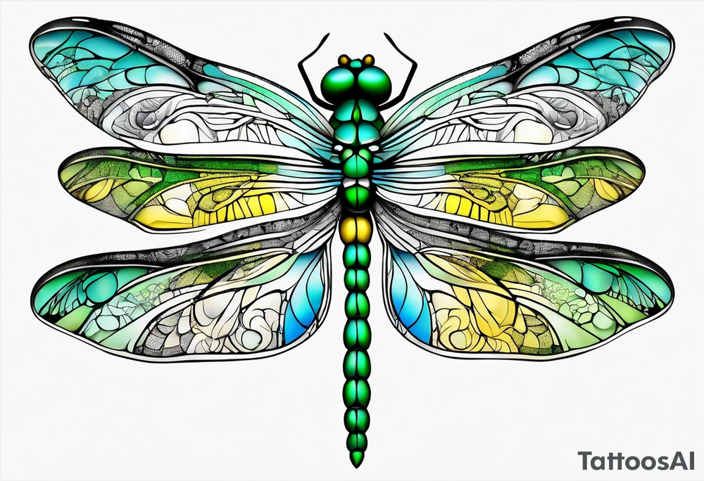 green blue and yellow dragonfly on a twig tattoo idea