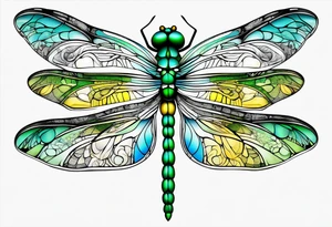 green blue and yellow dragonfly on a twig tattoo idea