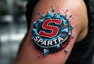 HC Sparta’s red “S” embedded in a cracked hockey puck with frost-blue shards flying outward. tattoo idea