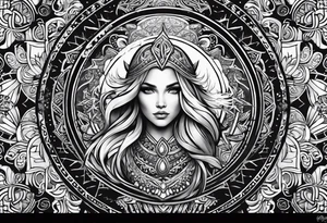 Viking, feminine warrior, mandala, bedroom eyes, headshot, princess, round emblem, moon goddess, Gaia tattoo idea