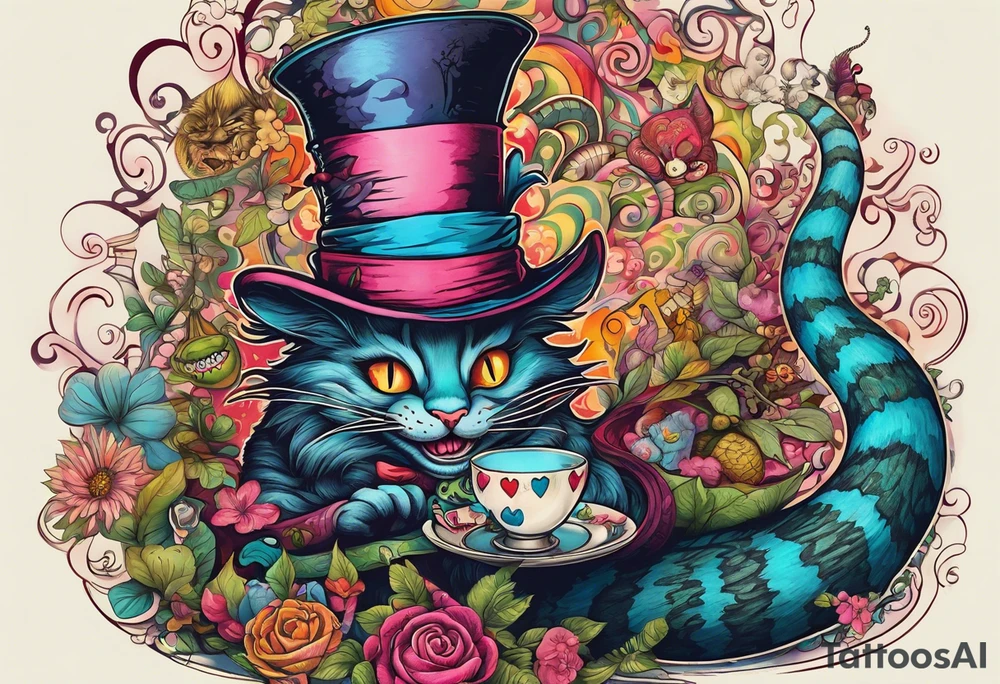 Alice in Wonderland. Mad hatter, Cheshire Cat, hook-a smoking caterpillar, eat me, drink me, we are all mad here. Colorful. Psychedelic. Playful. tattoo idea