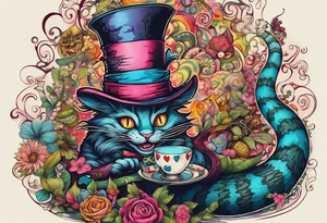 Alice in Wonderland. Mad hatter, Cheshire Cat, hook-a smoking caterpillar, eat me, drink me, we are all mad here. Colorful. Psychedelic. Playful. tattoo idea