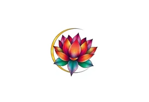 small colorful crescent moon with lotus flower tattoo idea