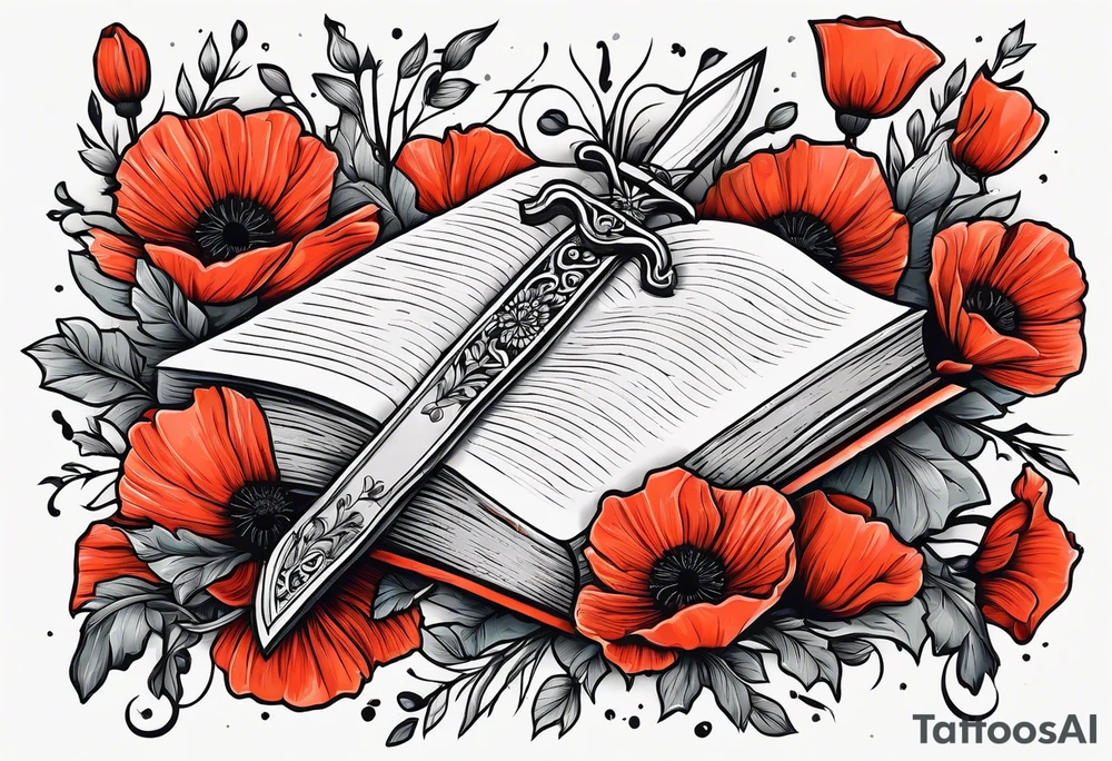 A dagger through a book surrounded by poppy flowers tattoo idea