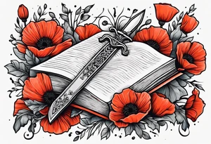 A dagger through a book surrounded by poppy flowers tattoo idea