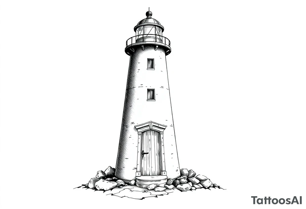 Lighthouse with beams of light with a few windows and an old door with tattoo idea