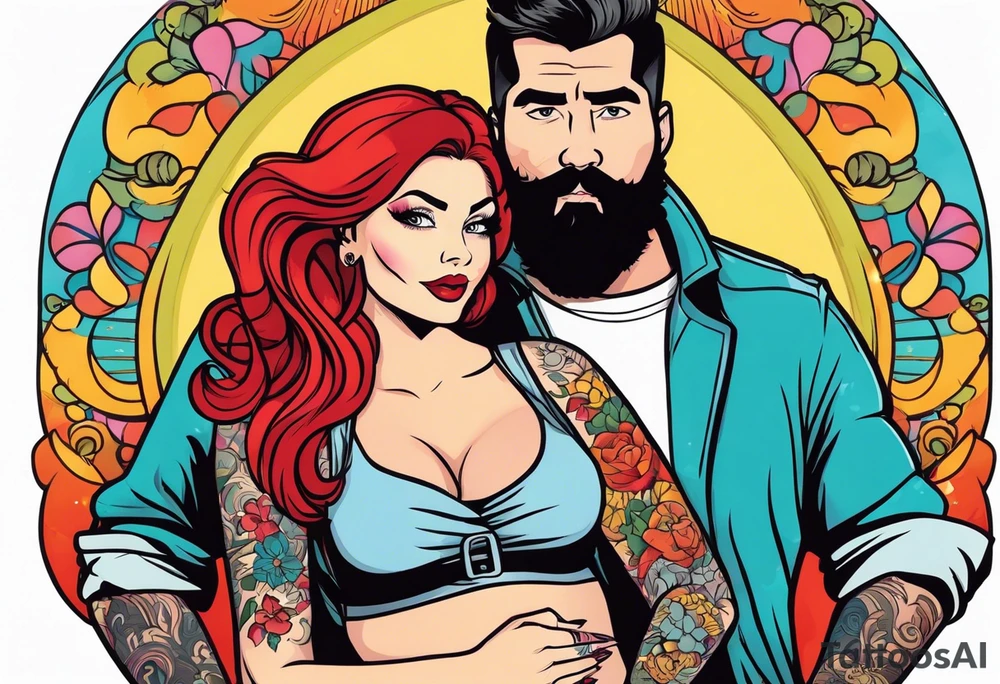 Busty Red haired woman with black haired bearded man tattoo idea