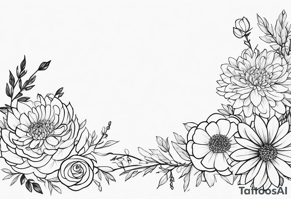 Asters, roses, hawthorns, and chrysanthemums in a long line tattoo idea