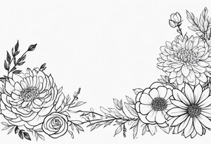 Asters, roses, hawthorns, and chrysanthemums in a long line tattoo idea