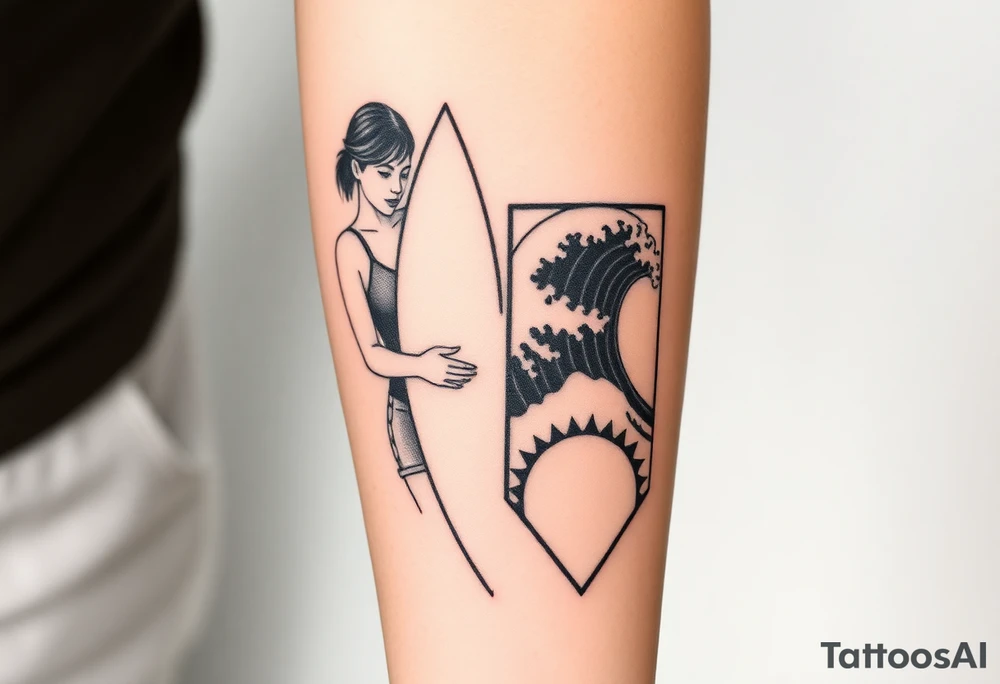 New school geometrical concept tattoo with the girl holding surfboard in a vertical position her face is turned 60 degrees to out side, the bottom part of a body is showed, on the right side of a tattoo is the realistic wave closed in a frame. And the bottom of a taro is a palenesiab sun. Link the objects based on new school geometry tattoos. tattoo idea