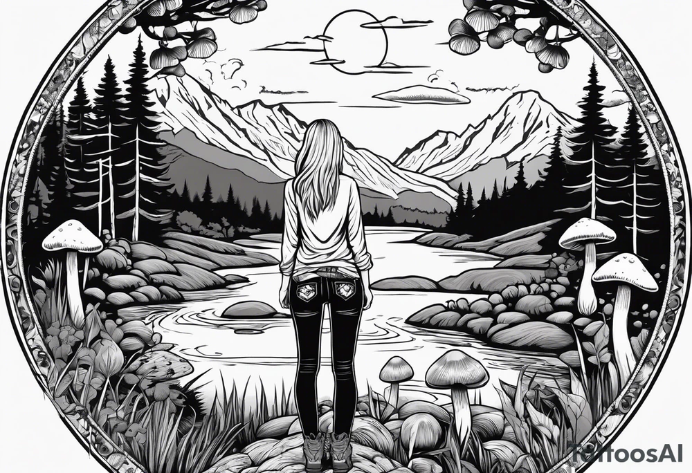 Whole picture encircled fully

Straight long blonde hair hippie girl in distance holding mushrooms in hand facing away toward mountains and creek surrounded by mushrooms long sleeve shirt and hiking pants; whole rendering within a full circle, no cut off circle tattoo idea