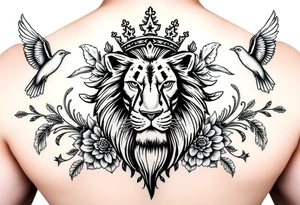 powerful majestic lion with a crown, surrounded by floral ornaments and birds tattoo idea