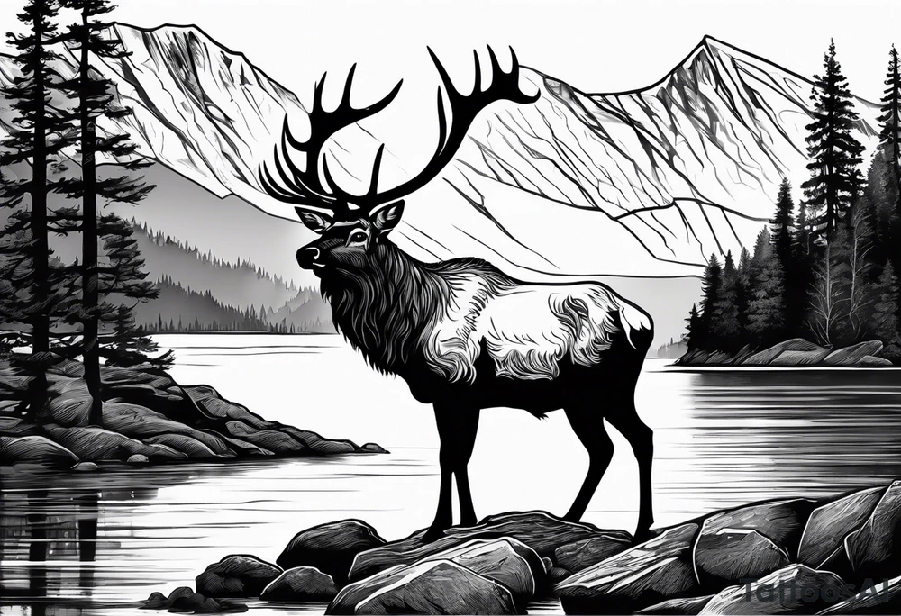 majestic elk near a lake, with mountains in the background tattoo idea